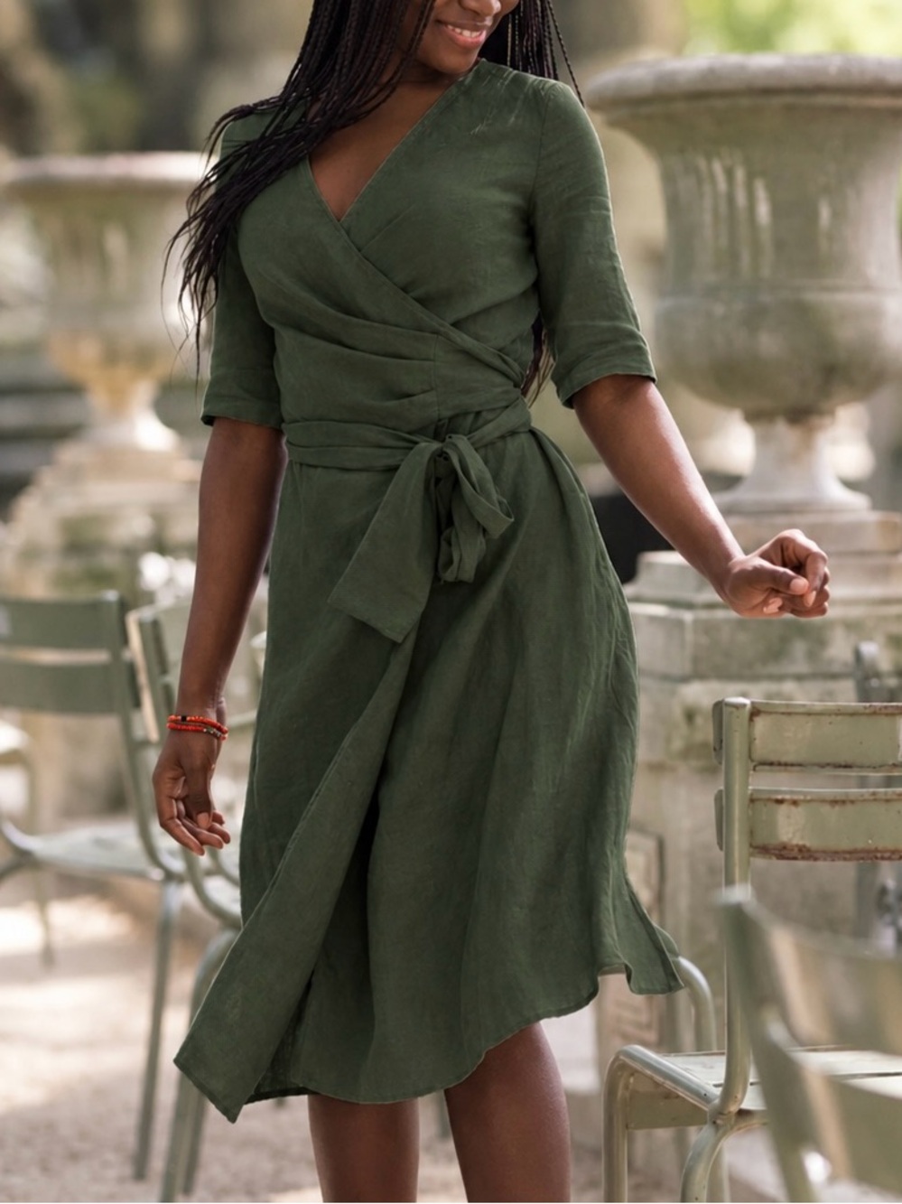 100% Linen Wrap Dress in Olive Green